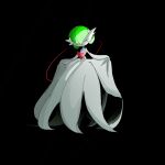  1girl bangs bare_shoulders black_background bob_cut closed_eyes closed_mouth colored_skin commentary curtsey dress elbow_gloves full_body gardevoir gloves green_hair hair_between_eyes hands_up happy highres mega_gardevoir mega_pokemon pokemon pokemon_(creature) rve short_hair simple_background smile solo standing strapless strapless_dress u_u white_dress white_gloves white_skin 