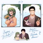  1boy 1girl absurdres black_eyes black_hair bouquet cellphone closed_eyes facial_hair flower gift green_eyes green_hair grin happy_birthday highres holding holding_bouquet holding_phone igarashi_futaba_(shiromanta) jacket medium_hair muscular panqlao petite phone senpai_ga_uzai_kouhai_no_hanashi short_hair sidelocks smartphone smile stubble sweater takeda_harumi_(shiromanta) thick_eyebrows tulip v 