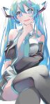  aira_(exp) aqua_hair aqua_necktie black_skirt blue_eyes blue_hair crossed_legs crypton_future_media detached_sleeves feet_out_of_frame from_below grey_shirt hair_ornament hand_on_own_chin hatsune_miku highres iridescent long_hair looking_at_viewer necktie piapro pleated_skirt shirt sitting skirt sleeveless sleeveless_shirt stroking_own_chin thigh-highs twintails vocaloid white_background 