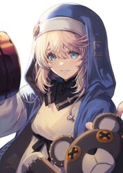 1girl aqua_eyes blonde_hair bridget_(guilty_gear) grin guilty_gear guilty_gear_strive habit hood hood_up hooded_jacket hoodie jacket long_sleeves looking_at_viewer mars_symbol medium_hair open_clothes open_hoodie oukawa_yuu puffy_long_sleeves puffy_sleeves roger_(guilty_gear) sketch smile stuffed_animal stuffed_toy teddy_bear yo-yo