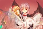  2girls bat_wings blonde_hair bow bowtie bridal_veil bride carrying dress fang flandre_scarlet flower formal gloves grey_hair groom hair_flower hair_ornament highres incest light_blush looking_at_another multiple_girls pointy_ears princess_carry red_eyes remilia_scarlet short_hair shutong_hiroko siblings simple_background sisters smile suit touhou veil wedding_dress wife_and_wife wings yuri 