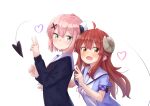  2girls ahoge blush brown_eyes brown_hair chiyoda_momo closed_mouth demon_girl demon_horns demon_tail fang green_eyes hair_ornament heart horns kuramoto_takato long_hair looking_at_another looking_at_viewer machikado_mazoku multiple_girls open_mouth pink_hair school_uniform short_hair simple_background smile tail v white_background x_hair_ornament yoshida_yuuko_(machikado_mazoku) yuri 