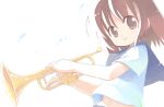  1girl bangs blush brown_eyes brown_hair closed_mouth commentary_request emurin holding holding_instrument instrument looking_at_viewer navel original shirt short_hair short_sleeves smile solo trumpet upper_body white_background white_shirt 