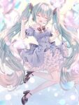  1girl 39 aqua_hair azarashi6 black_footwear blue_dress blush closed_eyes dress facing_viewer hatsune_miku headset high_heels highres long_hair miku_day off-shoulder_dress off_shoulder open_mouth pink_thighhighs smile solo thigh-highs thigh_strap twintails vocaloid 