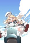  :d aircraft airplane bangs blonde_hair blue_eyes blue_sailor_collar blue_sky clouds day dress floating_hair floating_hat futatsuki_hisame gloves hat highres janus_(kancolle) jervis_(kancolle) kantai_collection legs_up light_rays motor_vehicle motorcycle on_scooter outdoors parted_bangs riding sailor_collar sailor_dress sailor_hat scooter short_hair sky sky_background smile spread_legs white_dress white_gloves white_headwear 