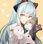  1girl :3 animal_ears azitsukeniku blue_hair bow closed_mouth coat eiyuu_densetsu fake_animal_ears green_eyes hair_between_eyes hajimari_no_kiseki highres long_hair looking_at_viewer mishy object_hug paw_print simple_background solo stuffed_animal stuffed_toy tio_plato twitter_username upper_body white_coat yellow_background yellow_bow 