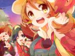  1girl 2boys backwards_hat baseball_cap black_hair black_jacket black_shirt blue_overalls blush brown_eyes brown_hair cabbie_hat covering_face embarrassed ethan_(pokemon) grey_eyes hand_up hat jacket long_sleeves lyra_(pokemon) multiple_boys nicole_(usako) one_eye_closed open_mouth outdoors overalls pokemon pokemon_(game) pokemon_hgss red_ribbon red_shirt red_trim redhead ribbon shirt silver_(pokemon) teeth twintails upper_teeth_only wavy_mouth 