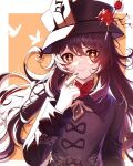  1girl bangs black_hair black_nails chinese_clothes commentary_request flower genshin_impact hair_between_eyes hat hat_flower hat_ornament highres hu_tao_(genshin_impact) jewelry long_hair long_sleeves looking_at_viewer morte_(morte00097530) orange_eyes pointing pointing_at_viewer porkpie_hat ring sidelocks simple_background solo symbol-shaped_pupils twintails two-tone_background 