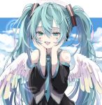  1girl 39 :d angel_wings aqua_eyes aqua_hair aqua_nails aqua_necktie bangs black_skirt blue_sky clouds commentary detached_sleeves fang halo hands_on_own_face hatsune_miku highres looking_at_viewer miku_day musical_note naguno-0713 necktie number_tattoo open_mouth outdoors skin_fang skirt sky smile solo tattoo twintails upper_body vocaloid white_wings wings 