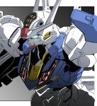  beam_rifle energy_gun english_commentary glowing glowing_eyes gradient_background green_eyes grey_background gun gundam gundam_aerial gundam_suisei_no_majo holding holding_gun holding_weapon mecha mobile_suit no_humans robot rodrigo_de_salles science_fiction solo upper_body v-fin weapon 
