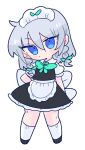  1girl apron black_footwear blue_eyes bow braid dress green_bow grey_dress grey_hair hair_bow highres izayoi_sakuya maid_headdress medium_hair op_na_yarou puffy_short_sleeves puffy_sleeves short_sleeves simple_background solo thigh-highs touhou twin_braids waist_apron waist_bow white_apron white_background white_bow 