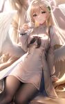  1girl angel_wings arm_at_side arm_support backlighting black_pantyhose blonde_hair blue_archive breasts closed_mouth commentary_request cup curtains dot_nose feathered_wings flower gold_trim hair_between_eyes hair_flower hair_ornament halo hand_up highres holding holding_cup indoors ken_ill knees_together_feet_apart long_hair long_sleeves looking_at_viewer low_wings nagisa_(blue_archive) pantyhose school_uniform sitting small_breasts smile solo teacup very_long_hair white_sleeves window wings yellow_eyes 