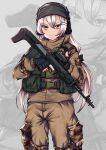  1girl ammunition_pouch bangs beanie black_gloves brown_jacket brown_pants bullpup camouflage camouflage_jacket camouflage_pants chest_rig closed_mouth commentary cowboy_shot designated_marksman_rifle dragunov_svu fatigues fingerless_gloves girls_frontline gloves gorka gradient_hair grey_background grey_hair grey_headwear gun hair_between_eyes hair_ornament hairclip hat headset holding holding_gun holding_weapon jacket light_frown long_bangs long_hair long_sleeves looking_at_viewer military_jacket military_operator multicolored_clothes multicolored_hair multicolored_jacket multicolored_pants pants persocon93 pouch rainbow_six_siege rifle russian_commentary scope snap-fit_buckle sniper_rifle solo suppressor svd_(girls&#039;_frontline) tsurime uniform walkie-talkie weapon white_hair yellow_eyes zoom_layer 