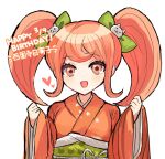 1girl :d bangs blonde_hair blush bow commentary_request danganronpa_(series) danganronpa_2:_goodbye_despair dated green_bow grey_background hair_bow hands_up happy_birthday heart highres japanese_clothes kimono long_sleeves looking_at_viewer multicolored_hair no_ame_tei obi open_mouth orange_eyes orange_kimono redhead saionji_hiyoko sash simple_background smile solo two-tone_hair 