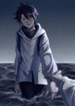  1boy bamehus bangs black_hair black_pants blurry body_writing coat commentary_request depth_of_field emma_(yakusoku_no_neverland) hair_between_eyes highres holding_another&#039;s_wrist hood hood_down hooded_coat horizon jacket long_sleeves looking_at_viewer male_focus neck_tattoo ocean outdoors outstretched_arm pants pov pov_hands ray_(yakusoku_no_neverland) short_hair sky solo_focus tattoo twilight wading water wet wet_hair white_coat yakusoku_no_neverland 