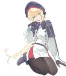  1girl artoria_caster_(first_ascension)_(fate) artoria_pendragon_(fate) black_pantyhose blonde_hair blue_footwear boots bug butterfly dress fate/grand_order fate_(series) green_eyes hat highres kurumi_(recycllamo) long_hair long_sleeves pantyhose simple_background solo white_background white_dress 