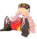  1girl :t bangs black_dress blonde_hair breasts character_doll cropped_torso dress fingernails hand_on_own_cheek hand_on_own_face hands_up highres holding huge_breasts junko_(touhou) long_hair long_sleeves looking_down phoenix_crown red_eyes reisen_udongein_inaba simple_background sleeves_past_wrists smile solo t0fusan tabard table touhou very_long_hair wavy_hair white_background wide_sleeves 