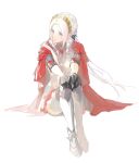  1girl armor artuvia bangs black_gloves boots cape closed_mouth edelgard_von_hresvelg fire_emblem fire_emblem:_three_houses fire_emblem_warriors:_three_hopes full_body gloves hands_on_own_knees highres long_hair looking_to_the_side metal_boots official_alternate_costume official_alternate_hairstyle own_hands_together parted_bangs red_cape sitting solo thigh_boots violet_eyes white_background white_hair 