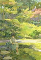  1girl black_hair book collared_shirt day forest grass green_skirt holding holding_book long_skirt nature original outdoors reading shirt short_hair sitting skirt solo tree vest white_shirt yeyuan33 