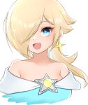  1girl aqua_dress aqua_eyes bare_shoulders blonde_hair blue_eyes blush_stickers brooch closed_mouth collarbone commentary cropped_torso dress earrings hair_over_one_eye highres jewelry long_hair looking_at_viewer off-shoulder_dress off_shoulder one_eye_covered rosalina simple_background solo star_(symbol) star_brooch star_earrings super_mario_bros. super_mario_galaxy super_mario_galaxy_2 tomatomiya upper_body white_background 