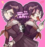  1girl blush braid brown_shirt brown_skirt clenched_teeth danganronpa:_trigger_happy_havoc danganronpa_(series) dated fangs from_side fukawa_touko genocider_shou glasses hand_up happy_birthday highres holding holding_scissors long_hair long_tongue monokuma multiple_views neckerchief no_ame_tei outline pink_background pleated_skirt purple_shirt red_eyes round_eyewear scissors shirt simple_background skirt teeth tongue tongue_out translation_request twin_braids upper_teeth_only white_outline 