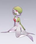  bangs character_name colored_skin commentary_request ebichi_(mon600n) flipped_hair full_body gardevoir green_hair grey_background grey_skin hair_between_eyes highres parted_lips pink_eyes pokemon pokemon_(creature) solo 