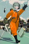  1girl absurdres astronaut blue_eyes bodysuit boots clouds day full_body gloves grey_hair helmet highres open_mouth original outdoors outstretched_arm polilla running science_fiction shadow solo space_helmet spacesuit tree 