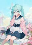  1girl blush bow closed_mouth dango dress eru_daydream feet_out_of_frame flower food green_eyes green_hair hair_between_eyes hair_bow hatsune_miku highres jacket long_hair long_sleeves sailor_collar sitting sleeves_past_wrists smile twintails vocaloid wagashi 