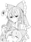  2girls :/ annoyed bangs bow closed_mouth commentary_request detached_sleeves dual_persona frilled_bow frills hair_bow hair_tubes hakurei_reimu highres long_hair mikan_763 monochrome multiple_girls open_mouth raised_eyebrows simple_background sketch smile spoken_squiggle squiggle sweatdrop touhou upper_body white_background wide_sleeves yukkuri_shiteitte_ne 