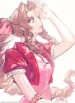  1girl aerith_gainsborough bangs basket black_choker braid braided_ponytail breasts brown_hair choker cropped_jacket final_fantasy final_fantasy_vii green_eyes hair_ribbon highres holding holding_basket jacket long_hair looking_up materia medium_breasts neveromance parted_bangs parted_lips pink_ribbon puffy_short_sleeves puffy_sleeves red_jacket ribbon ribbon_choker shading_eyes short_sleeves sidelocks single_braid sketch solo upper_body wavy_hair white_background 