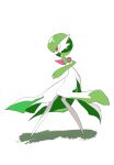  1girl bangs bob_cut colored_skin commentary flat_chest from_side full_body gardevoir grass green_hair green_skin hand_up highres legs multicolored_skin pokemon pokemon_(creature) profile red_eyes short_hair simple_background solo standing takashi_(pixiv_80298118) two-tone_skin white_background white_skin 