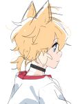  1boy absurdres animal_ears banri_0917 black_choker blonde_hair blue_eyes choker closed_mouth commentary_request fox_boy fox_ears from_side highres humanization korean_commentary male_focus shirt short_hair short_ponytail simple_background solo sonic_(series) tails_(sonic) upper_body white_background white_shirt 