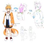  1boy animal_ears banri_0917 black_choker black_shorts blonde_hair blue_eyes blush choker closed_mouth commentary_request fox_boy fox_ears fox_tail from_behind full_body highres humanization jacket korean_commentary korean_text long_sleeves looking_at_viewer male_focus multiple_tails multiple_views open_clothes open_jacket red_footwear reference_sheet shirt shoes short_hair short_sleeves shorts simple_background solo sonic_(series) standing tail tails_(sonic) translation_request two_tails white_background white_shirt yellow_jacket 