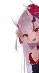  1girl absurdres bell blush detached_sleeves double_bun fuyutsuki_kei gold_trim grey_hair hair_bell hair_bun hair_ornament highres hololive horns jingle_bell long_hair looking_at_viewer mask mask_on_head multicolored_hair nakiri_ayame off_shoulder oni_horns oni_mask open_mouth peeking_out red_eyes redhead shiranui_(nakiri_ayame) smile solo streaked_hair tassel tassel_hair_ornament two_side_up upper_body virtual_youtuber 