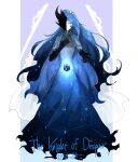  1girl blue_dress blue_hair character_name closed_eyes constellation_print dress full_body gradient_background gradient_dress gradient_hair hand_on_own_chest kankan33333 knight_of_despair lobotomy_corporation long_hair multicolored_hair non-web_source outstretched_hand project_moon silhouette single_tear smile solo starry_sky_print 