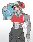  1girl abs bag bigmsaxon cyborg hat highres looking_at_viewer muscular muscular_female original prosthesis prosthetic_arm red_eyes redhead simple_background tank_top white_background 