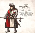  1girl armor bassinet belt boots brown_hair emblem english_text full_body gambeson gauntlets greaves helmet highres holding holding_weapon ironlily lady_lucerne_(ironlily) long_hair medieval original polearm scabbard sheath solo standing sword weapon 