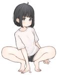  1girl 1ssakawaguchi ahoge barefoot black_hair blue_eyes blush bob_cut gym_shorts hand_on_ground highres looking_at_viewer original shirt short_hair shorts solo squatting t-shirt white_background 