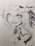  1girl ascot bangs brooch eyebrows_hidden_by_hair eyelashes fangs flandre_scarlet frilled_shirt_collar frills hair_between_eyes hat heart highres jewelry johnalay mob_cap monochrome nostrils one_side_up portrait sketch smile solo touhou traditional_media 