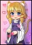  1girl animal_ears black_border blonde_hair blue_eyes blush border cat_ears cat_tail commentary_request heart long_sleeves looking_at_viewer medium_hair moriya_suwako onkona_minazuki open_mouth pink_background purple_vest red_pupils shirt signature solo tail touhou twitter_username vest white_shirt wide_sleeves 