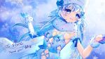  1girl bird blue_eyes blue_gloves breasts gloves highres indie_virtual_youtuber long_hair looking_at_viewer mikazuki_silvi navel owl owl_ears owl_girl ribbon small_breasts smile snow snowflakes snowing solo szy_tw virtual_youtuber white_hair winter 