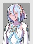  1girl alternate_hair_length alternate_hairstyle azura_(fire_emblem) bangs blue_hair closed_mouth detached_collar dress elbow_gloves english_commentary fire_emblem fire_emblem_fates gloves hair_between_eyes highres light_blue_hair mnejing30 outline ringed_eyes short_hair solo upper_body veil white_dress white_gloves white_outline yellow_eyes yellow_pupils 