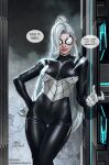  1girl black_bodysuit bodysuit english_text felicia_hardy hand_on_hip highres in-hyuk_lee indoors long_hair marvel night-spider ponytail signature speech_bubble spider-man_(series) standing white_hair 