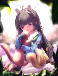  1girl :d animal_ears animal_hug arm_belt bangs bird black_gloves black_hair blue_archive blunt_bangs blurry bottle commentary_request depth_of_field fake_animal_ears ferret forest gloves hairband halo head_tilt highres leaf leaf_on_head long_hair long_sleeves looking_away miyu_(blue_archive) moemaru nature pantyhose pleated_skirt rabbit_ears red_eyes school_uniform serafuku sidelocks sitting skirt smile squirrel wariza water_bottle white_pantyhose 