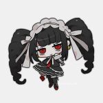  1girl bangs black_hair black_jacket black_skirt black_thighhighs bonnet celestia_ludenberg chibi danganronpa:_trigger_happy_havoc danganronpa_(series) drill_hair earrings frills gothic_lolita grey_background hand_up highres jacket jewelry layered_skirt lolita_fashion long_hair long_sleeves looking_at_viewer necktie red_eyes red_footwear red_necktie shoes simple_background skirt sobamushi_mo solo thigh-highs twin_drills twintails 