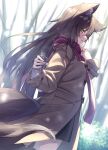  1girl :d animal_ear_fluff animal_ears black_skirt black_thighhighs brown_coat brown_hair can coat commission fox_ears fox_girl fox_tail green_eyes highres long_hair long_sleeves looking_at_viewer miniskirt original pleated_skirt red_scarf scarf shiro_youduki skeb_commission skirt smile tail thigh-highs 