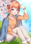  1girl :d bangs blonde_hair blue_eyes blue_sky branch breasts brown_sweater clouds commentary_request day flower gradient_hair grey_pants hair_ornament hairclip hugging_own_legs indie_virtual_youtuber knees_up looking_at_viewer mashiro_aa multicolored_hair neki_(vtuber) outdoors pants pink_flower short_hair sitting sky small_breasts smile solo sweater swept_bangs thick_eyebrows virtual_youtuber 