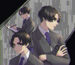  1boy black_eyes black_hair bright_pupils clipboard closed_mouth collared_shirt commentary_request crossed_arms emblem giacomo_(pokemon) holding holding_clipboard holding_pen jacket lapels long_sleeves looking_at_object looking_at_viewer looking_to_the_side male_focus multiple_views necktie niratama-umai open_mouth pen pokemon pokemon_(game) pokemon_sv purple_necktie shirt short_hair signature white_pupils white_shirt writing zipper zipper_pull_tab 