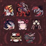  6+others alleesaur brown_background brute_bonnet claws colored_sclera fangs feathered_wings feathers fiery_wings fire flutter_mane great_tusk highres jewelry koraidon magnet monster_hunter_(series) multiple_others necklace pokemon pokemon_(creature) pokemon_(game) pokemon_sv red_sclera roaring_moon sandy_shocks scream_tail screw sharp_teeth slither_wing teeth tribal_illustration tribal_print tusks wings yellow_eyes 