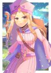  &gt;:( 1girl absurdres bangs blonde_hair blue_sky blurry blurry_background blush bow_(weapon) breasts brown_eyes cape clouds commission day depth_of_field dress forehead highres kou_hiyoyo light_frown long_hair long_sleeves looking_at_viewer medium_breasts original parted_bangs pink_dress pink_headwear pixiv_commission purple_cape shield sky sleeves_past_wrists solo v-shaped_eyebrows very_long_hair weapon 